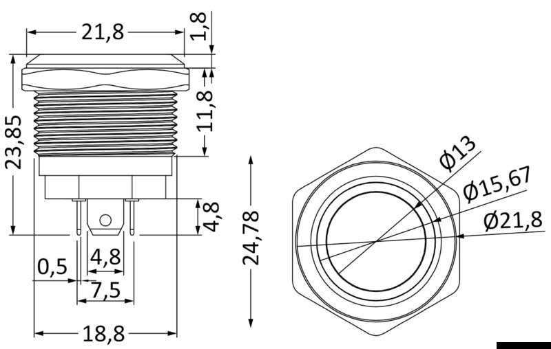 Interruttori Pushpull a basso profilo in acciaio inox 12/24V 20 A