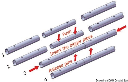 Raccordo di collegamento per tubi rettilinei, completi di due pulsanti di fermo a molla