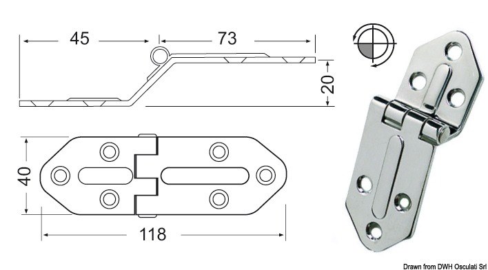 Cerniera inox sporgente 118x40 mm 