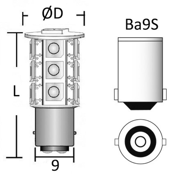 Lampadina LED per fanali, luci cortesia e luci di via zoccolo BA9S