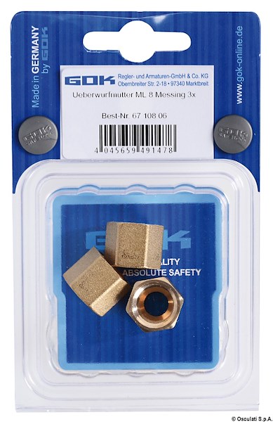 Dado in ottone tubo rame da 8 mm (blister 3 pz) 